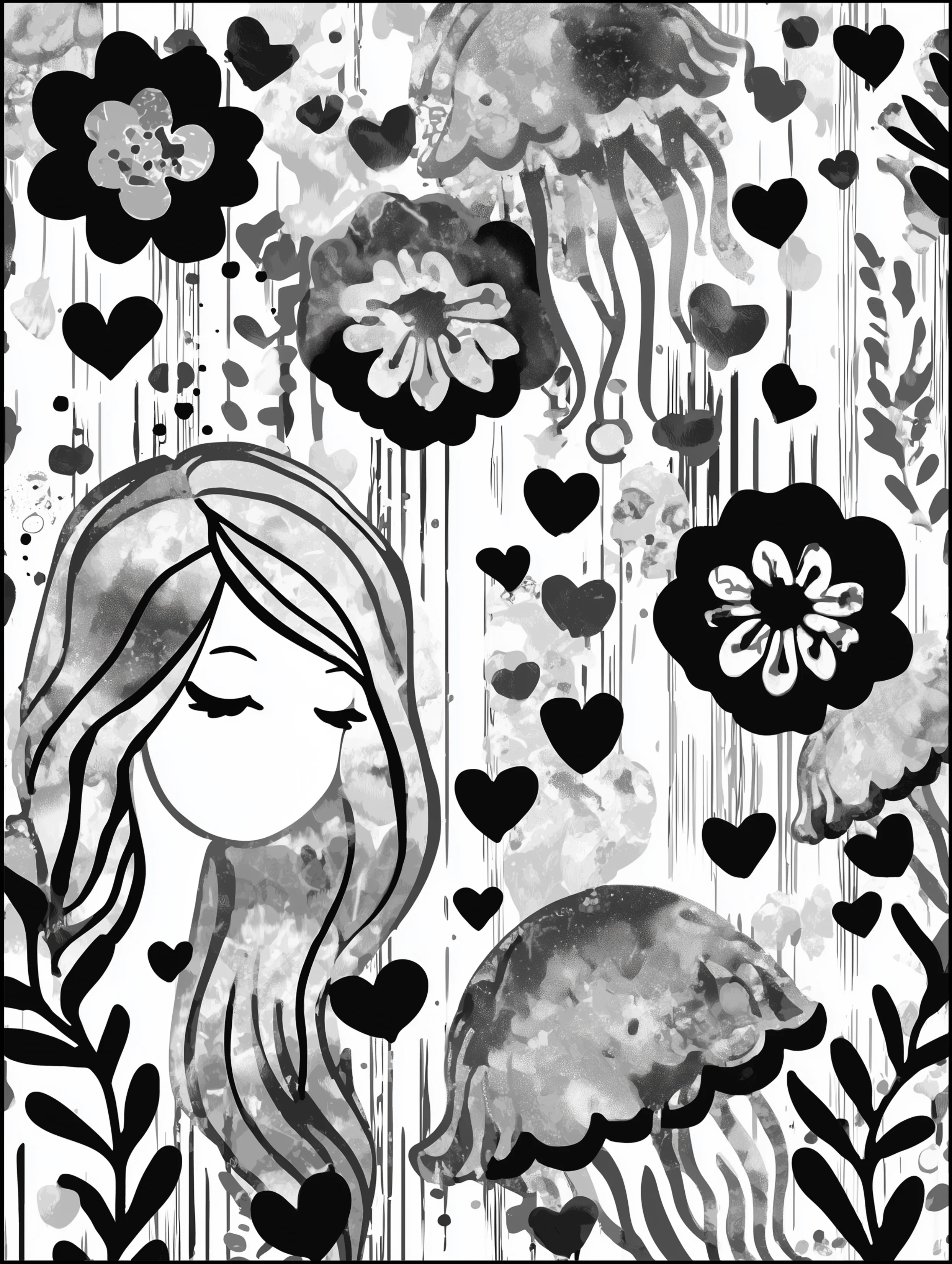 Free printable jellyfish coloring page for adults featuring a woman and jellyfish